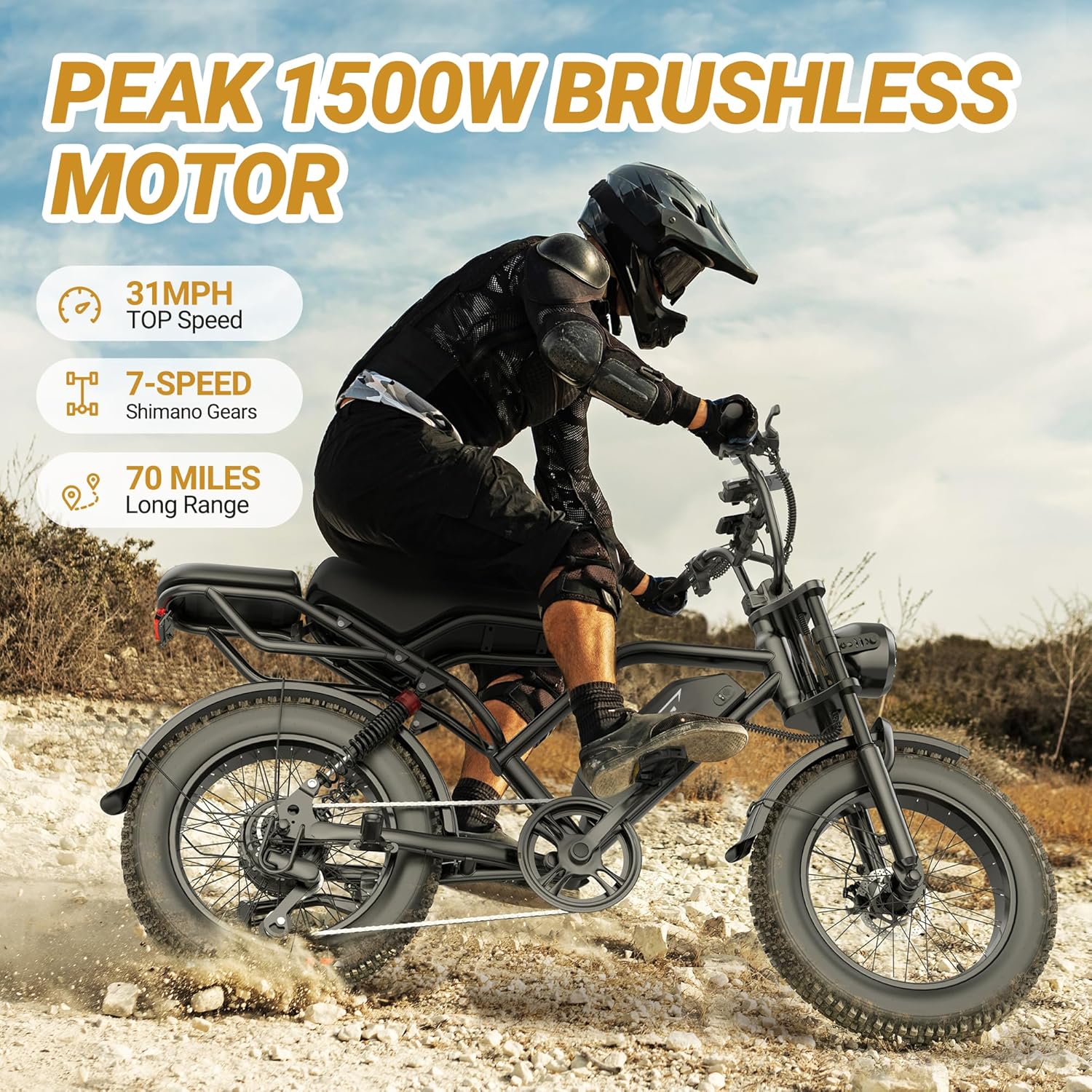 Electric Bicycle with Removable 48V Battery, Dual Suspension, 7-Speed Gears, 20-Inch Wheels, Rear Seat