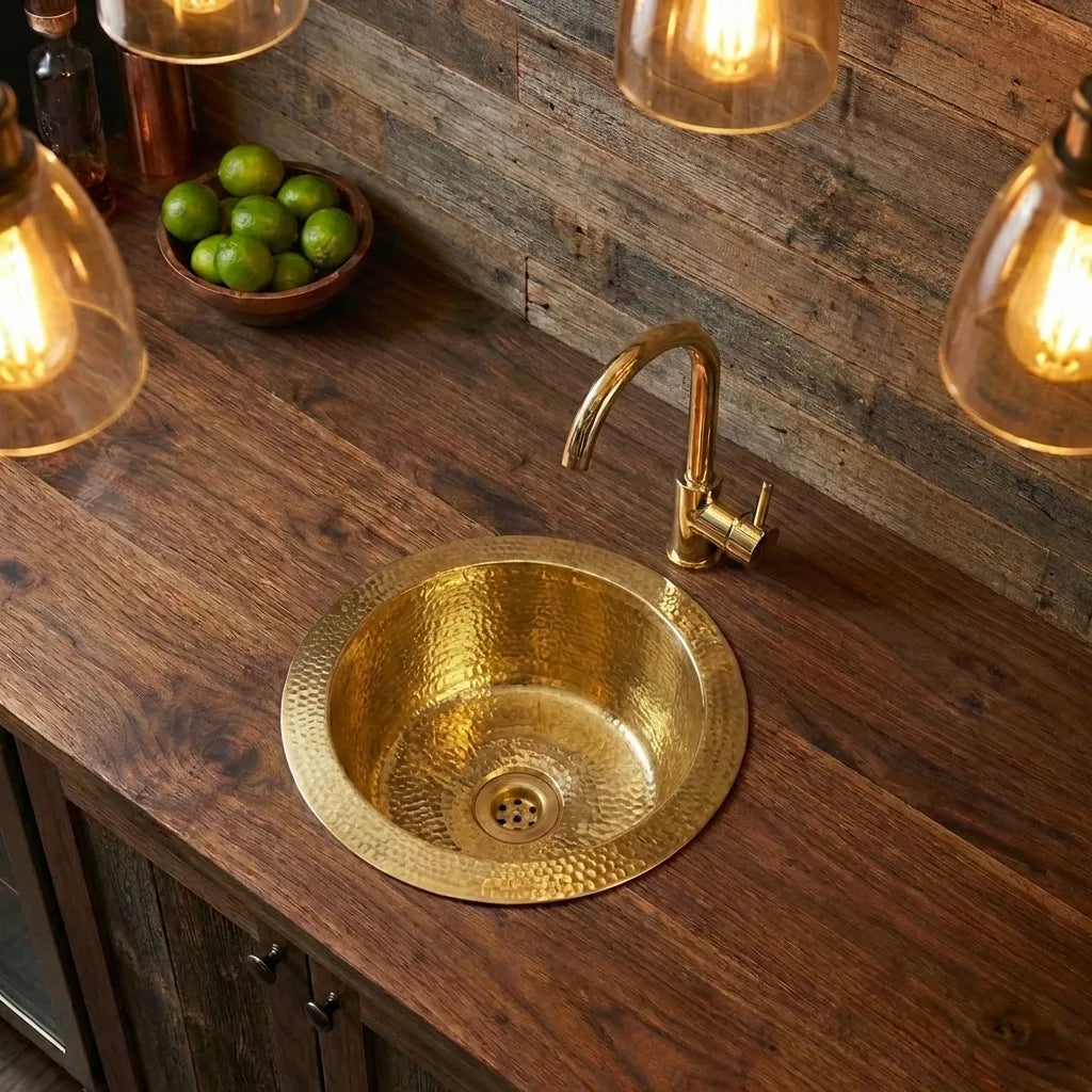 Hammered Unlacquered Brass Round Bar Sink, Round Solid Brass Sink including drain