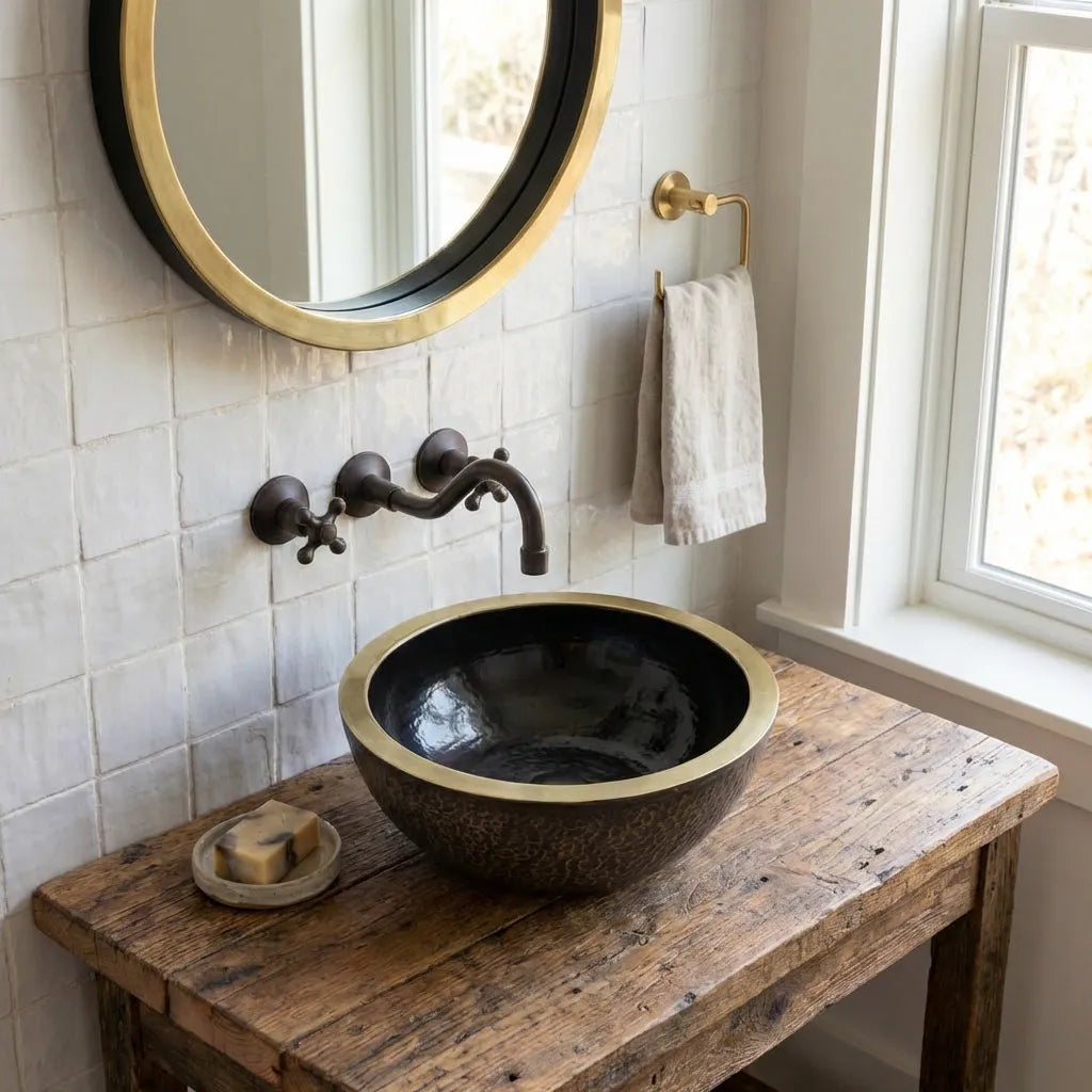 Luxury Hand-Hammered Black Brass Vessel Sink – Round Bathroom Basin
