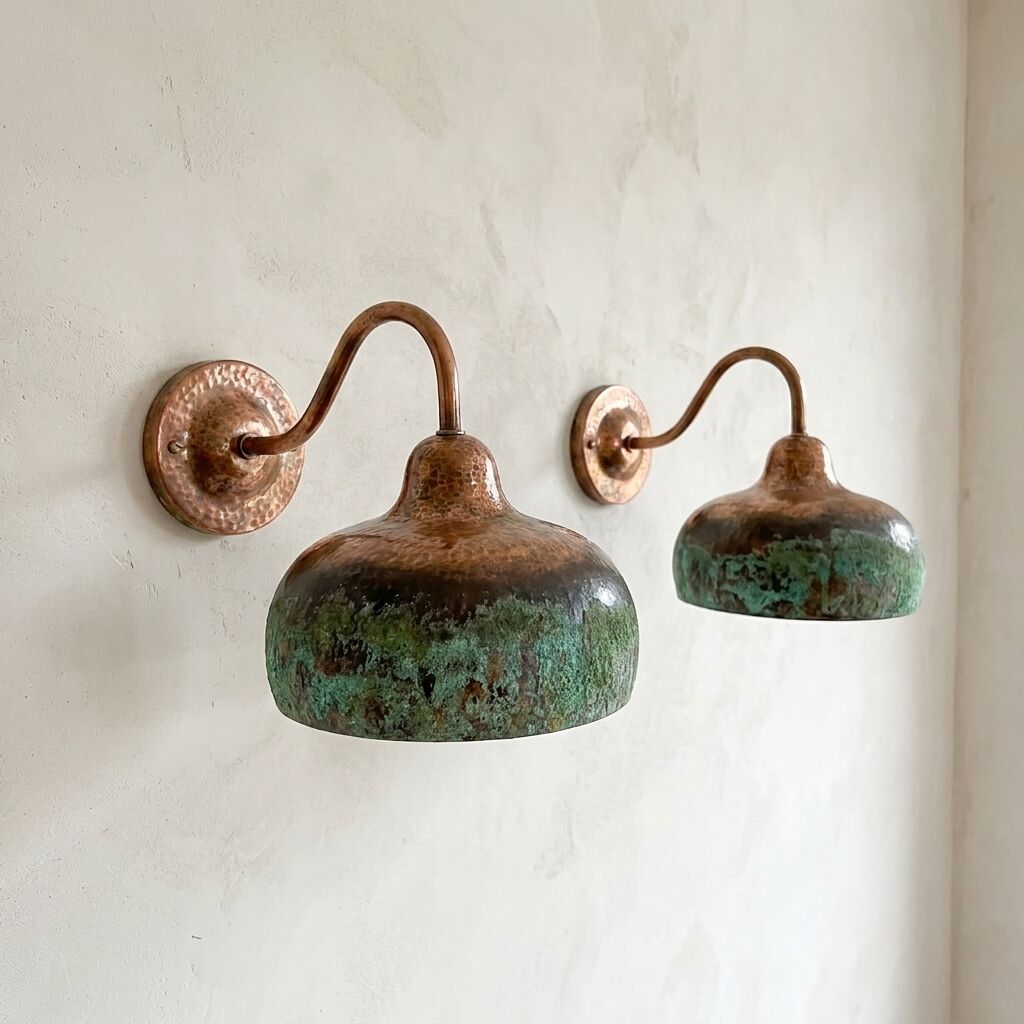 Set of 2 Hammered Oxidized Copper wall sconces – Green Patina Lamps (Copy)