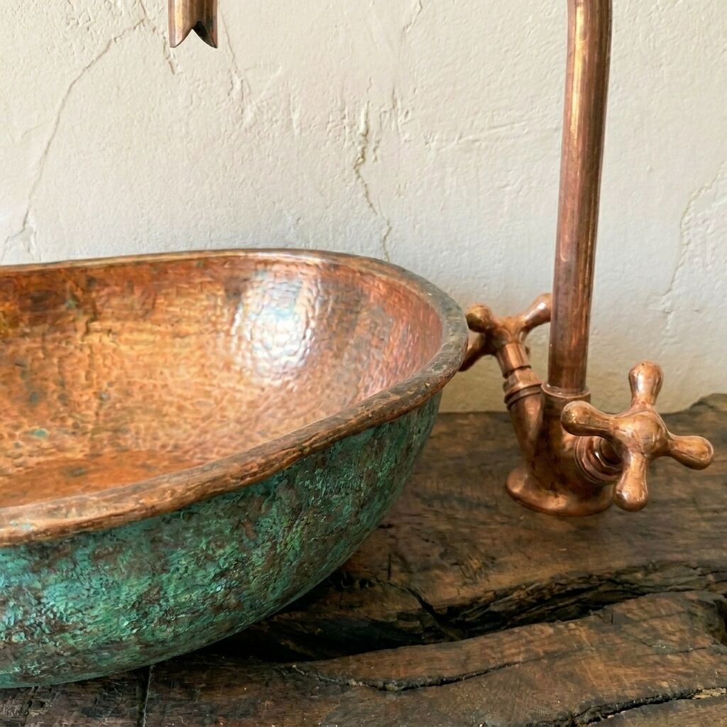 Handmade Hammered Copper Sink – Turquoise Patina Vessel Basin