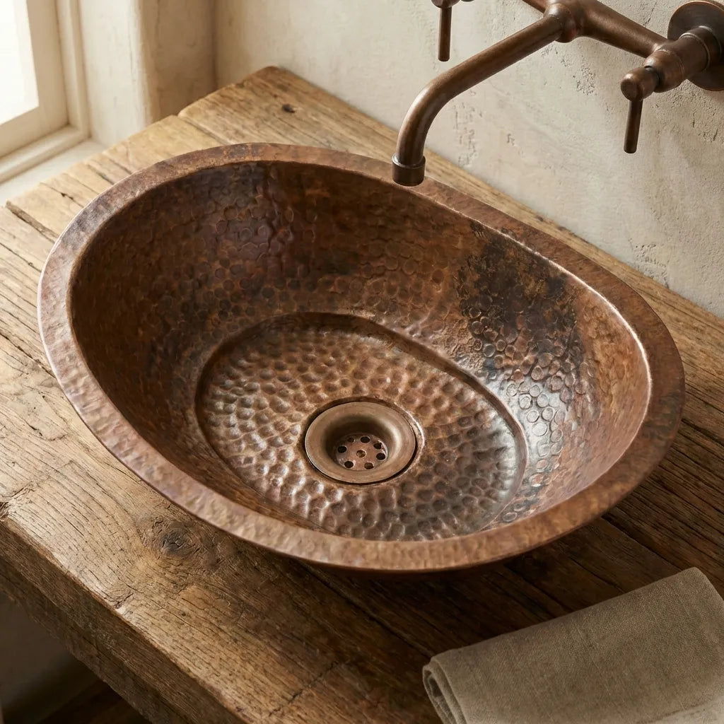 Aged Copper Vessel sink Bathroom, Hammered Oval Bathroom Sink