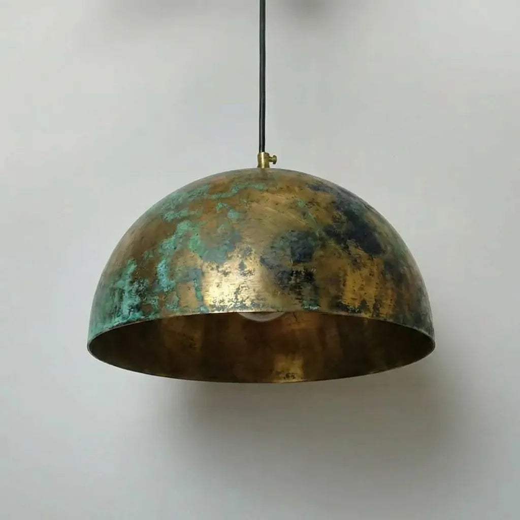 Rustic Brass Pendant Lamp with Green Verdigris Finish – Artisan Ceiling Light