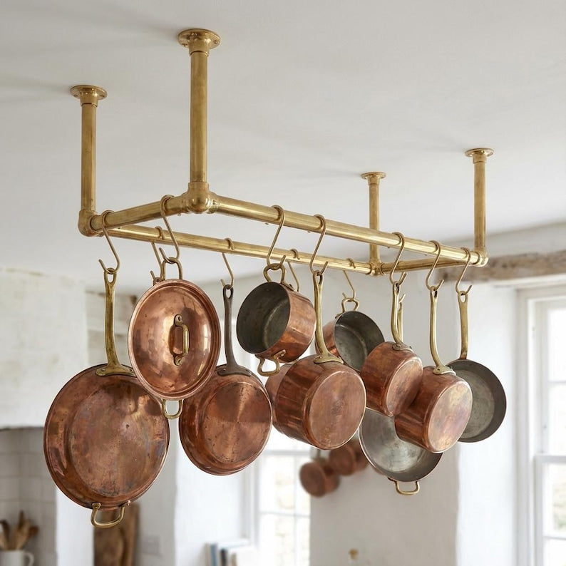 Solid Brass Ceiling Pot Rack – Handmade Hanging Kitchen Rail with HooksSolid Brass Ceiling Pot Rack –Handmade Hanging Kitchen Rail with Hooks