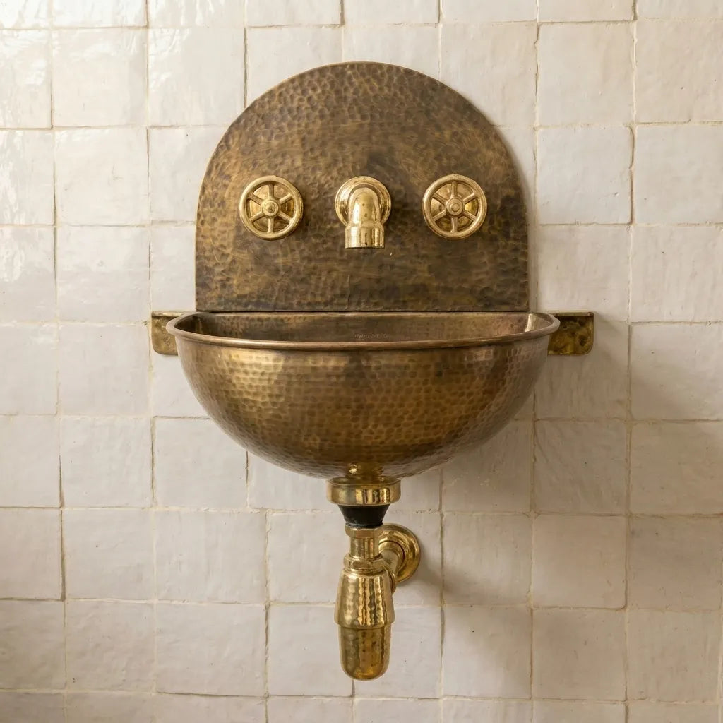 Rustic Brass Wall Hung Sink with Traditional Faucet Set