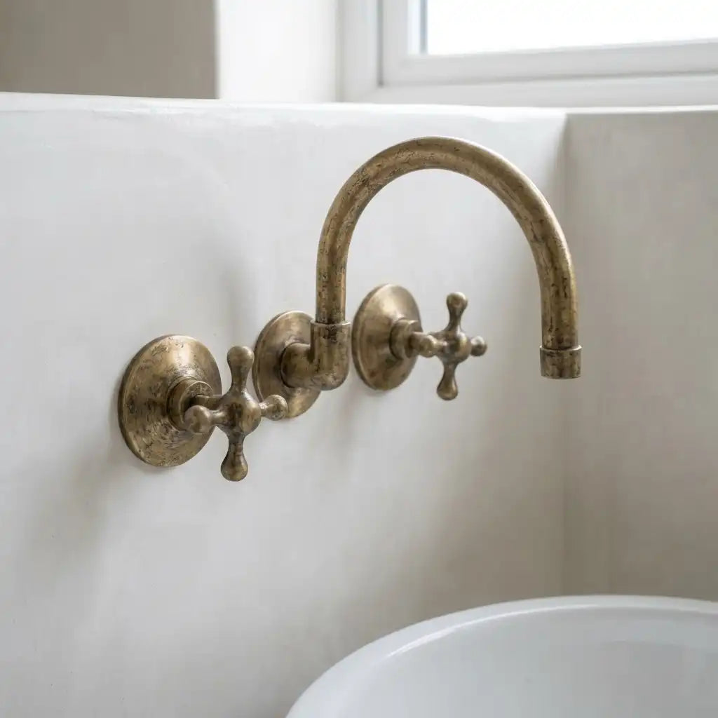 Vintage Antique Brass Wall Mount Faucet – Solid Brass Cross Handle Bathroom Sink Tap