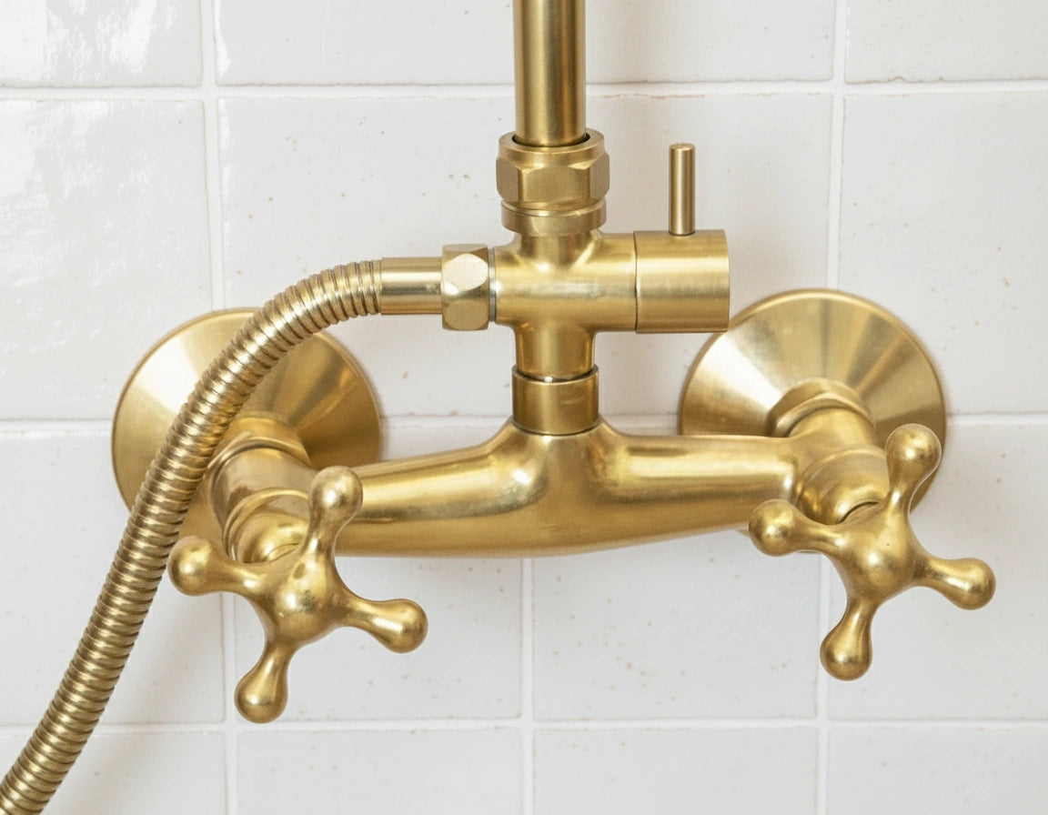 Unlacquered Brass Shower System – Wall Mount Mixer with Handheld