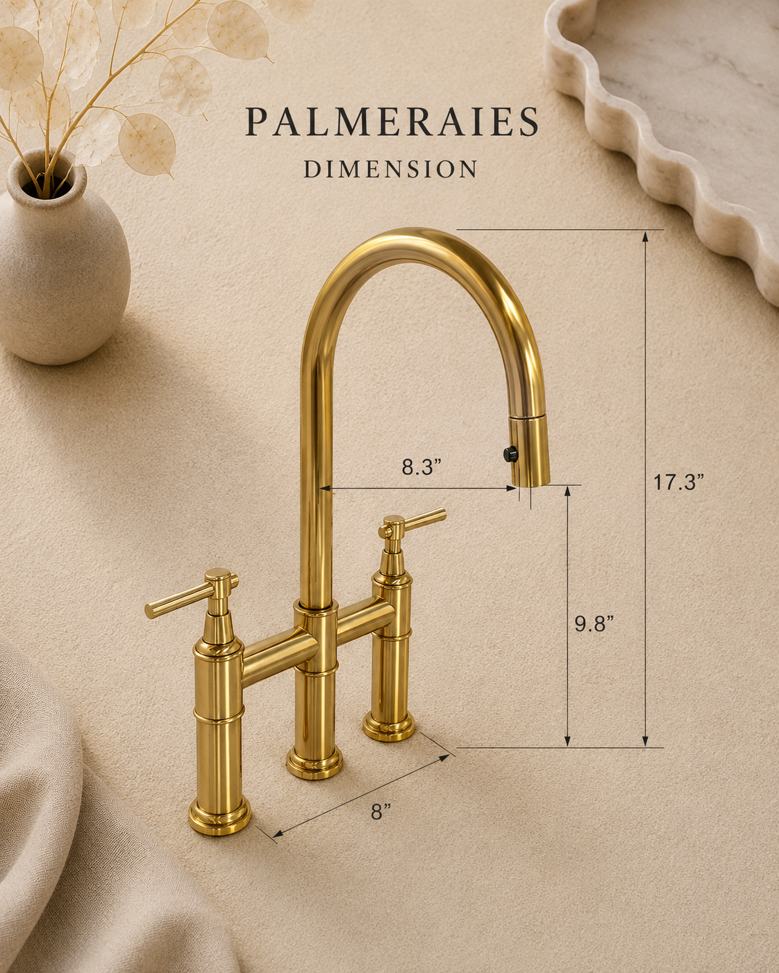 Solid Brass Bridge Kitchen Faucet with Pull Down Sprayer