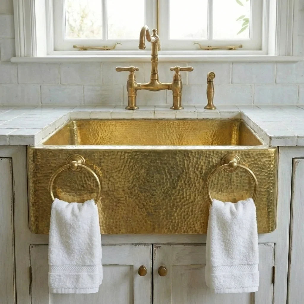 Hammered Brass Farmhouse Sink with Towel Rings – Handmade Apron-Front Kitchen Sink