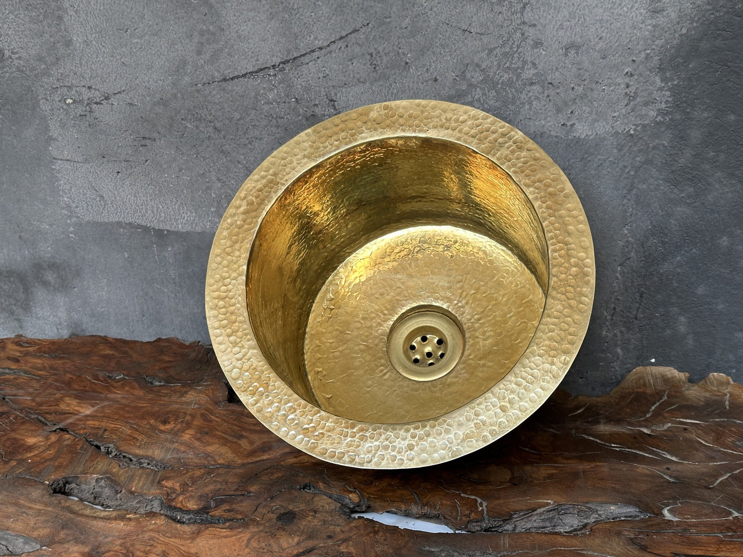 Hammered Unlacquered Brass Round Bar Sink including drain