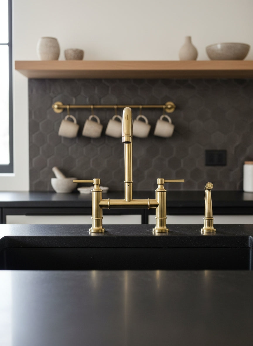 Solid Brass Bridge Kitchen Faucet with Side Sprayer