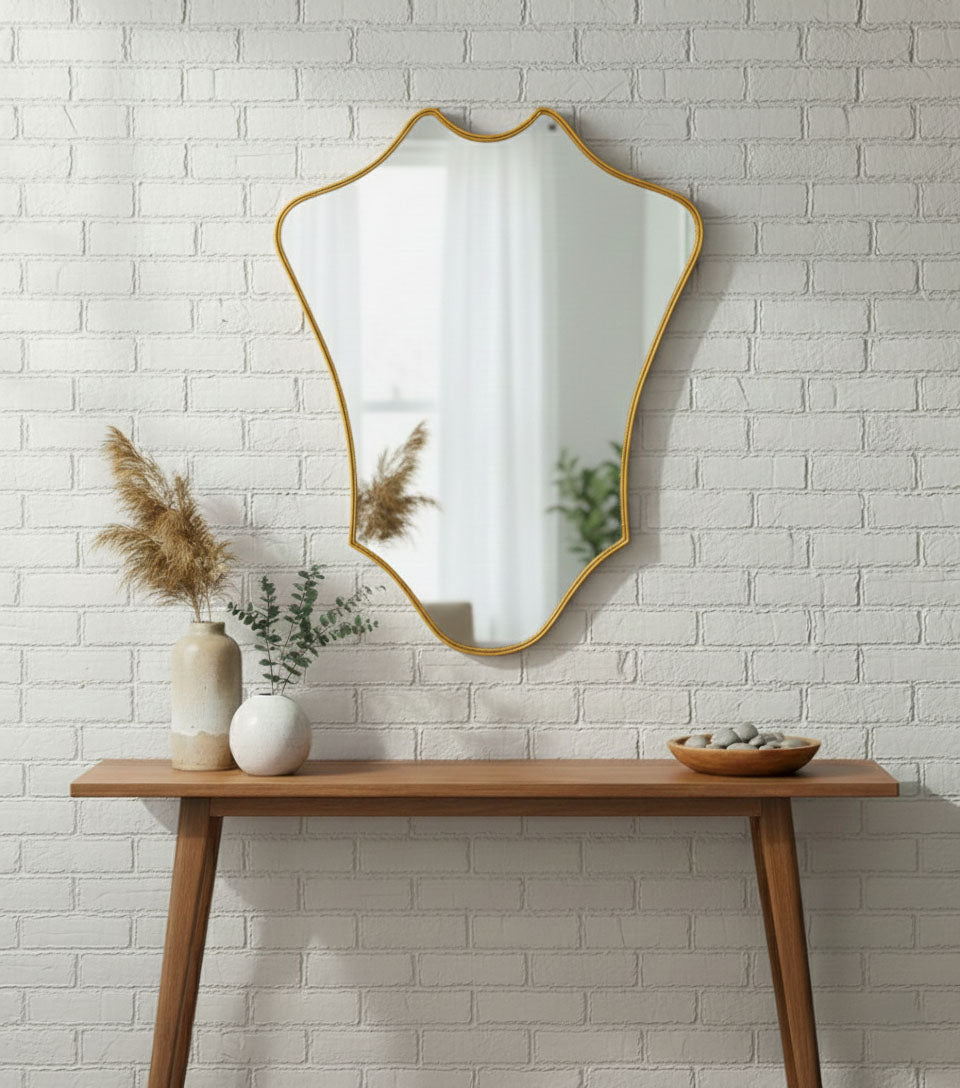 Varaudu Crowned Curve Brass Mirror Handmade Brass Mirror - Antique Brass Bathroom Mirror, Vanity Wall Decor