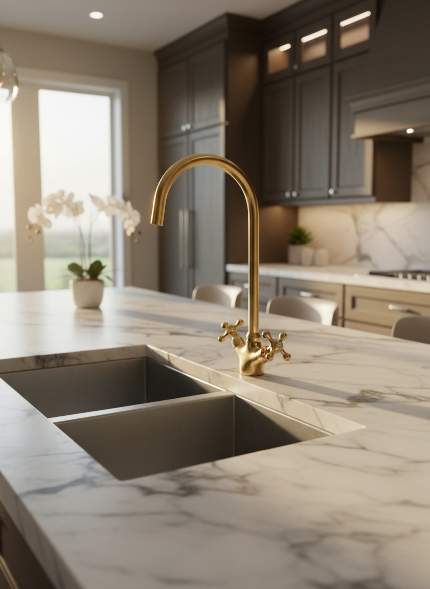Unlacquered Brass Faucet – Dual Cross Handle Gooseneck Faucet