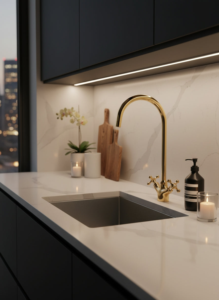 Unlacquered Brass Faucet – Dual Cross Handle Gooseneck Faucet
