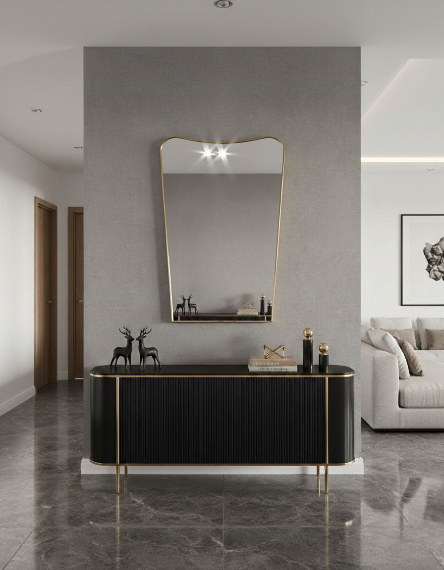 Varaudu Luxury Curved Antiqued Brass Mirror - Antique Brass Bathroom Mirror, Vanity Wall Decor