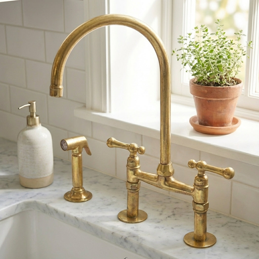 Farmhouse Unlacquered Brass Bridge Faucet with Dual Lever Handles