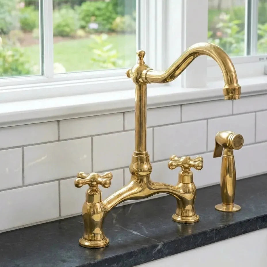 Unlacquered Brass Gooseneck Kitchen Faucet With Sprayer: