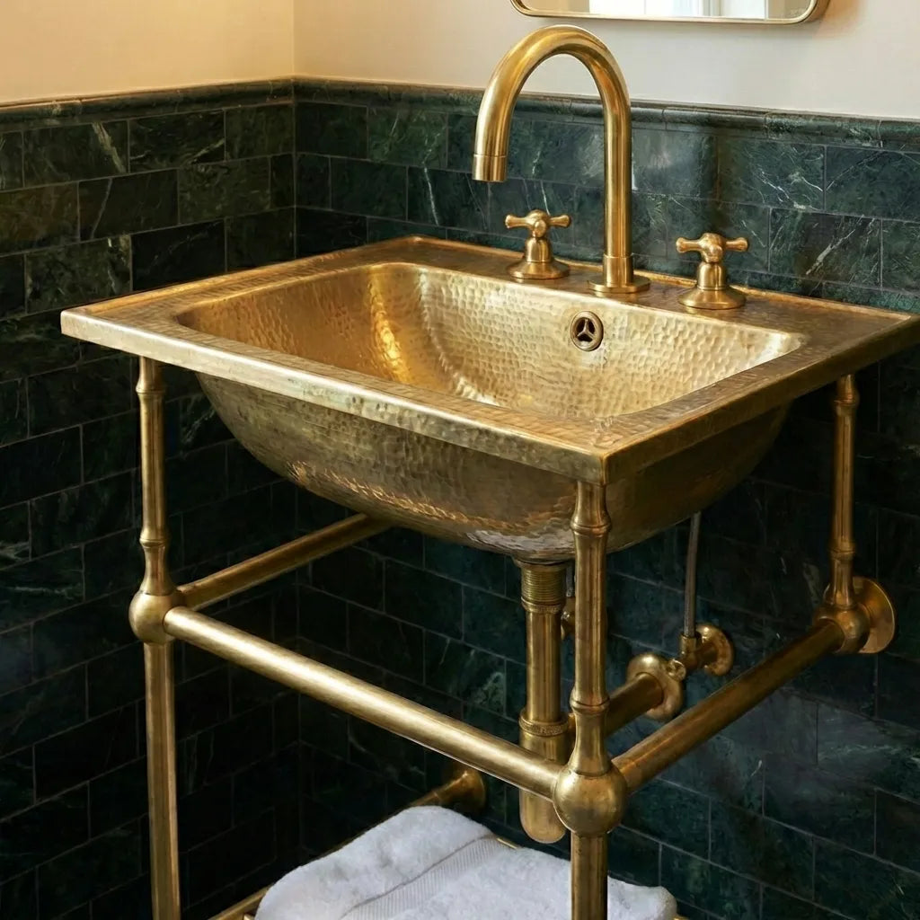 Hammered Brass Console Sink With Legs – Handmade Unlacquered Brass Bathroom Sink