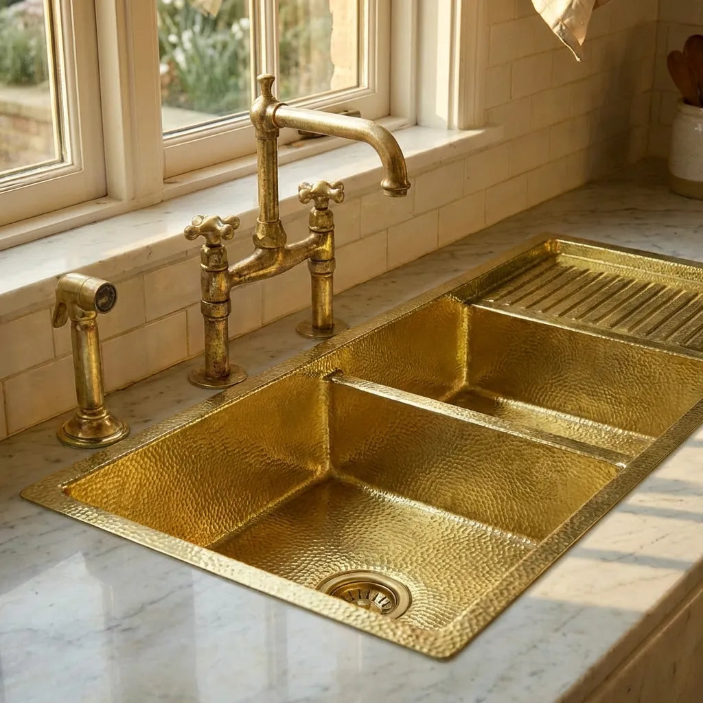 Drop-In Double Bowl Brass Kitchen Sink With Drainboard-Vexa