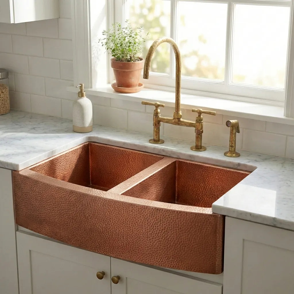 Double-Bowl Hammered Copper Farmhouse Kitchen Sink - Kova