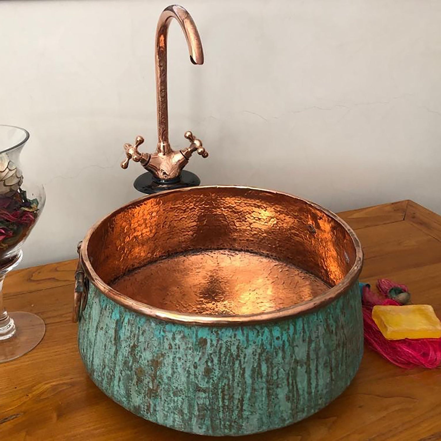 Handcrafted Oxidized copper Bathroom Vessel Sink With Handle