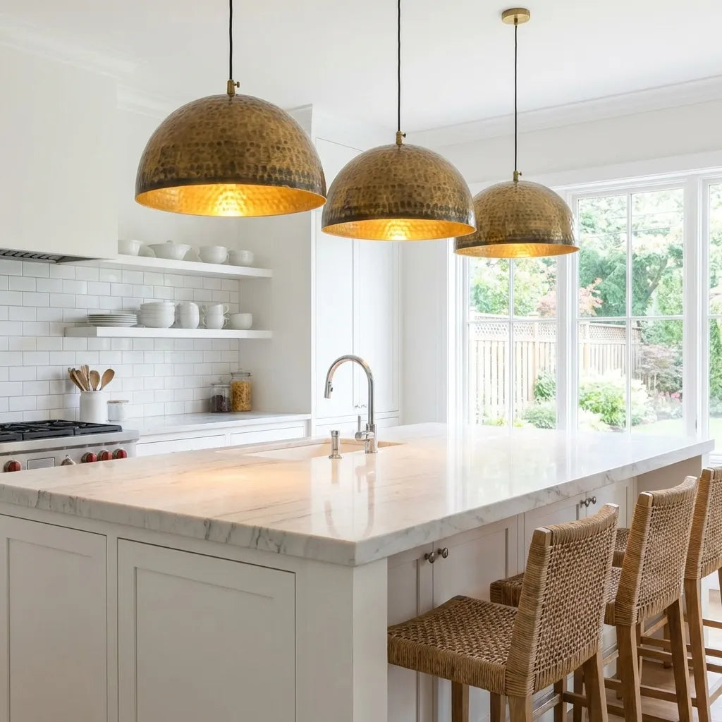 Handcrafted Hammered Brass Dome Pendant Light – Antique Aged Ceiling Lamp Kitchen Island