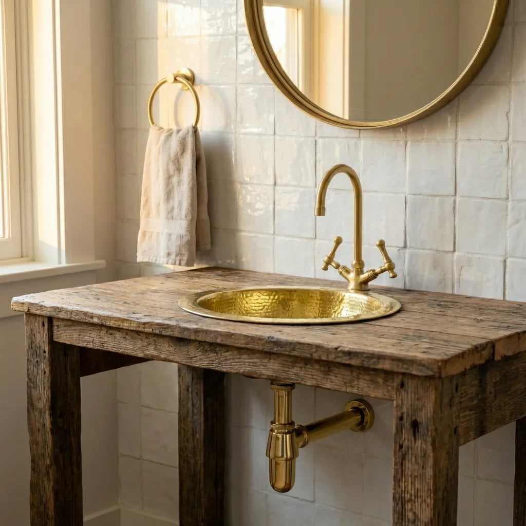 Hammered Unlacquered Brass Round Bar Sink – Solid Brass Prep Sink with Drain