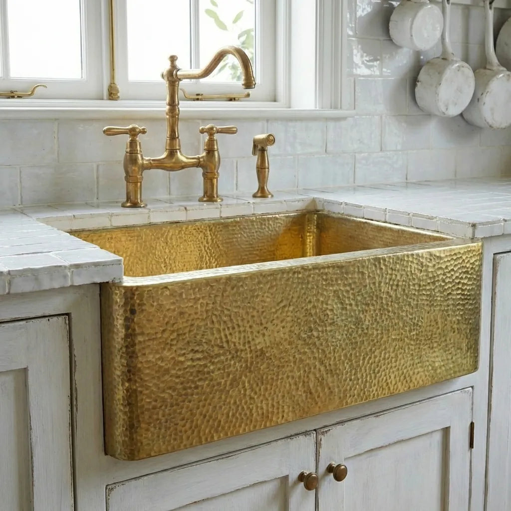 Handcrafted Hammered Brass Apron-Front Farmhouse Kitchen Sink
