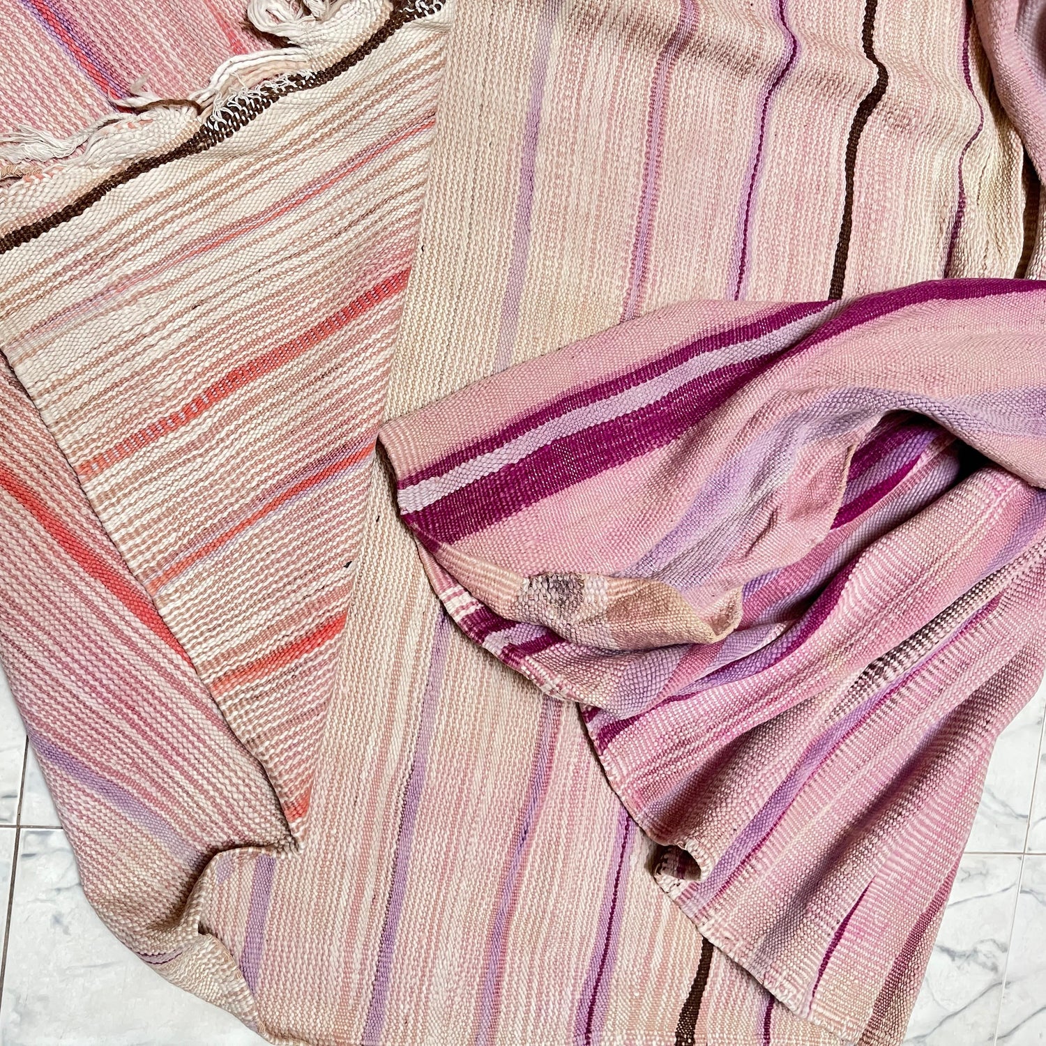 Vintage Kilim Rug - Handwoven Moroccan Flatweave - Blush Pink & Lavender Stripes - 10 x 6 ft