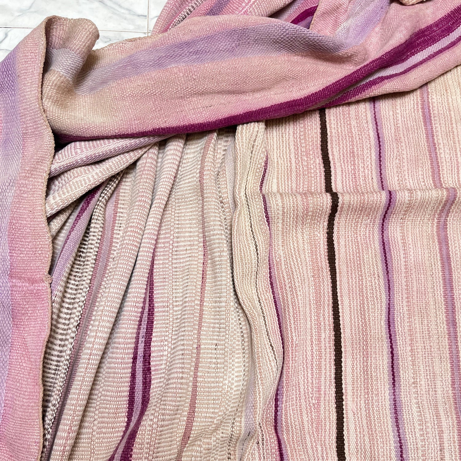Vintage Kilim Rug - Handwoven Moroccan Flatweave - Blush Pink & Lavender Stripes - 10 x 6 ft