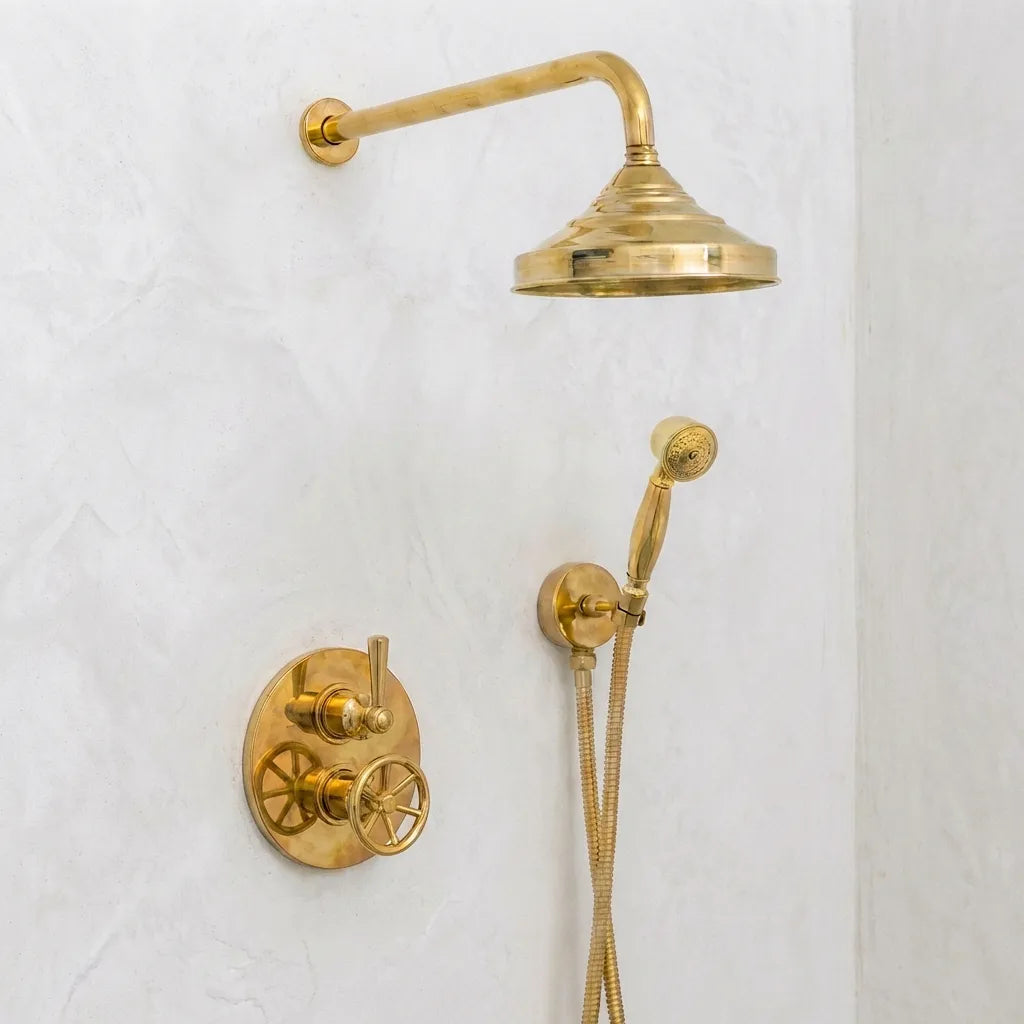 Unlacquered Brass Thermostatic Mixer Shower System –Rain Head with Handheld