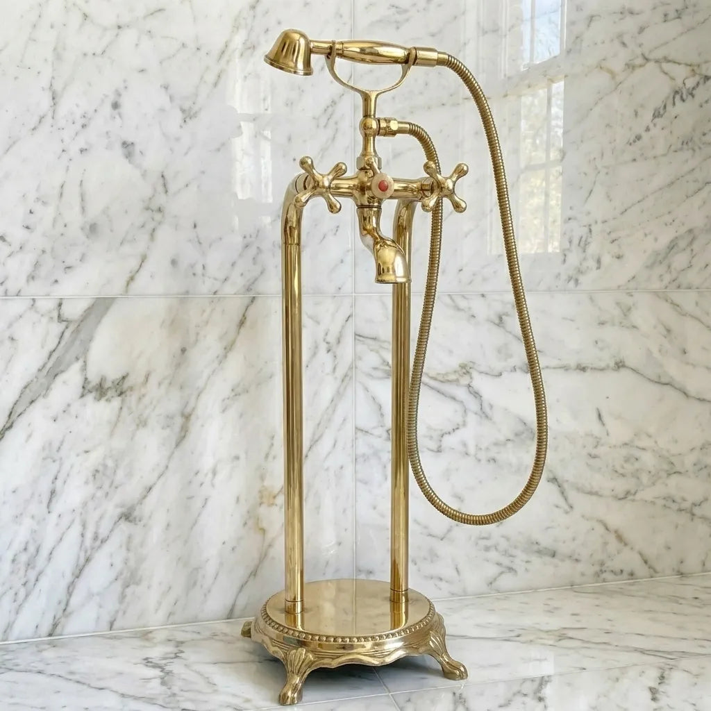 Luxury Unlacquered Brass Tub Filler – Floor Standing Bathtub Faucet Set
