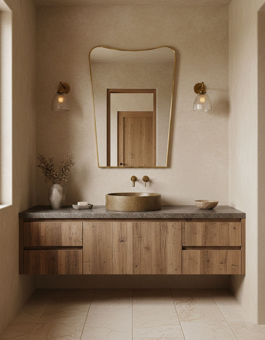 Varaudu Luxury Curved Antiqued Brass Mirror - Antique Brass Bathroom Mirror, Vanity Wall Decor
