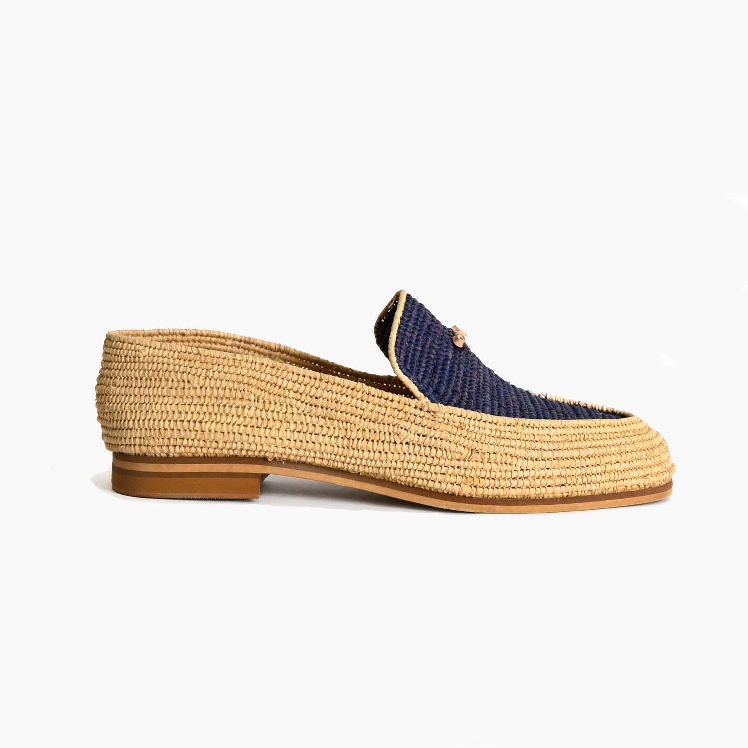 Handwoven Raffia Loafers with Navy Detail – Moroccan Summer Shoes