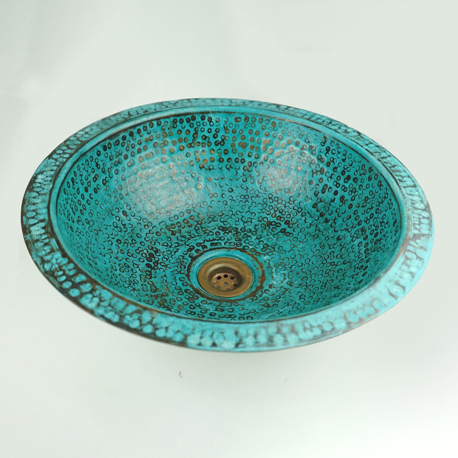 Rustic Green Patina Drop in Sink, Hammered Copper Bathroom Vanity Sink Top Mount