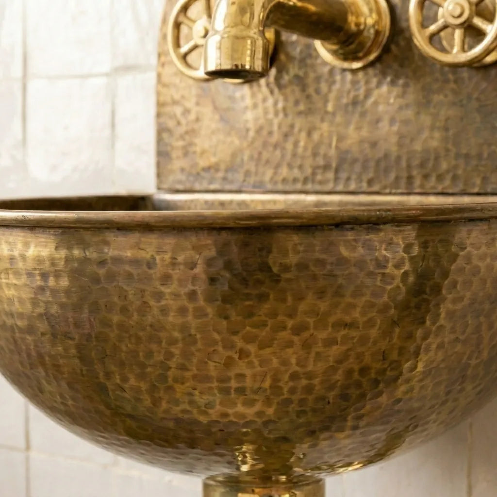 Rustic Brass Wall Hung Sink with Traditional Faucet Set