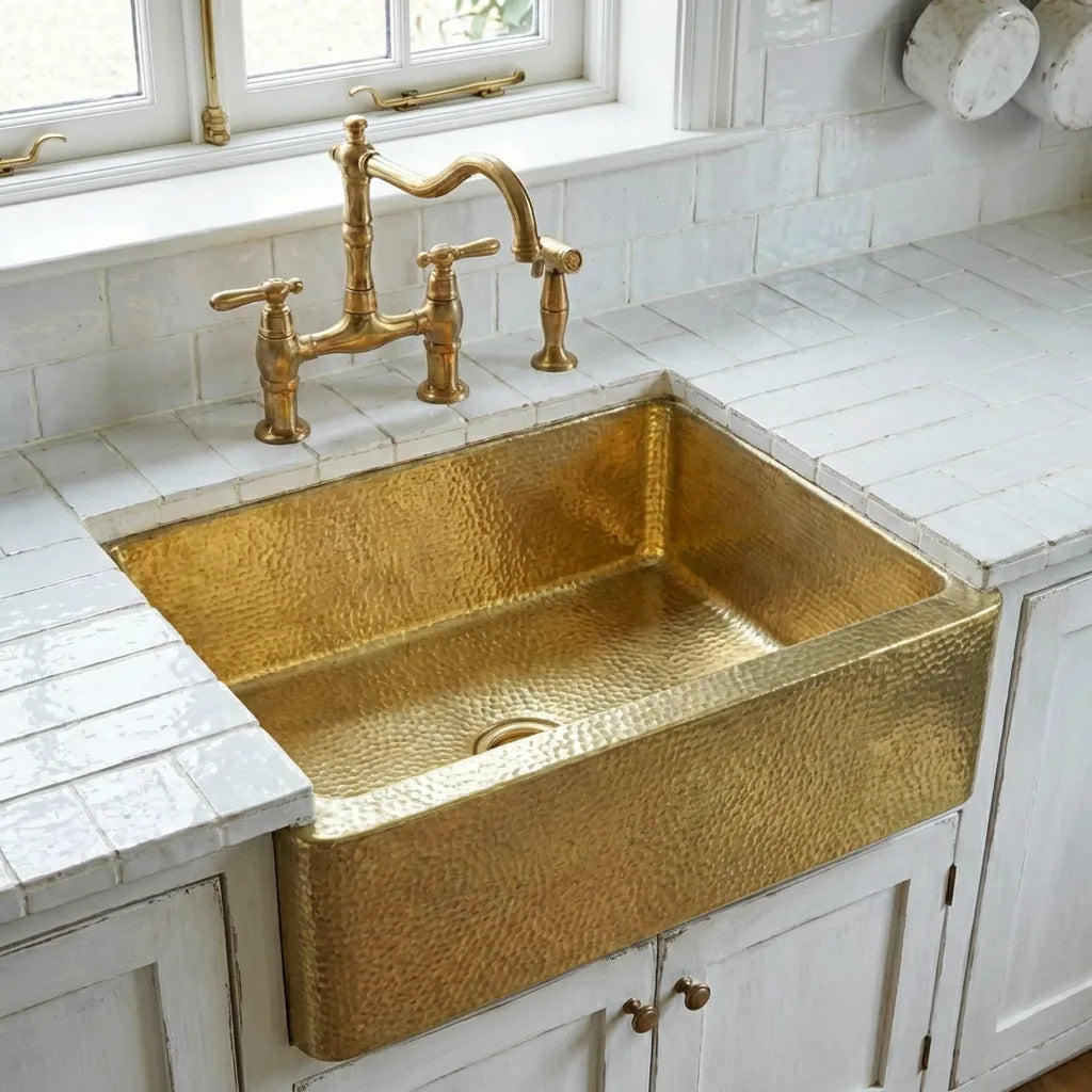 Handcrafted Hammered Brass Apron-Front Farmhouse Kitchen Sink