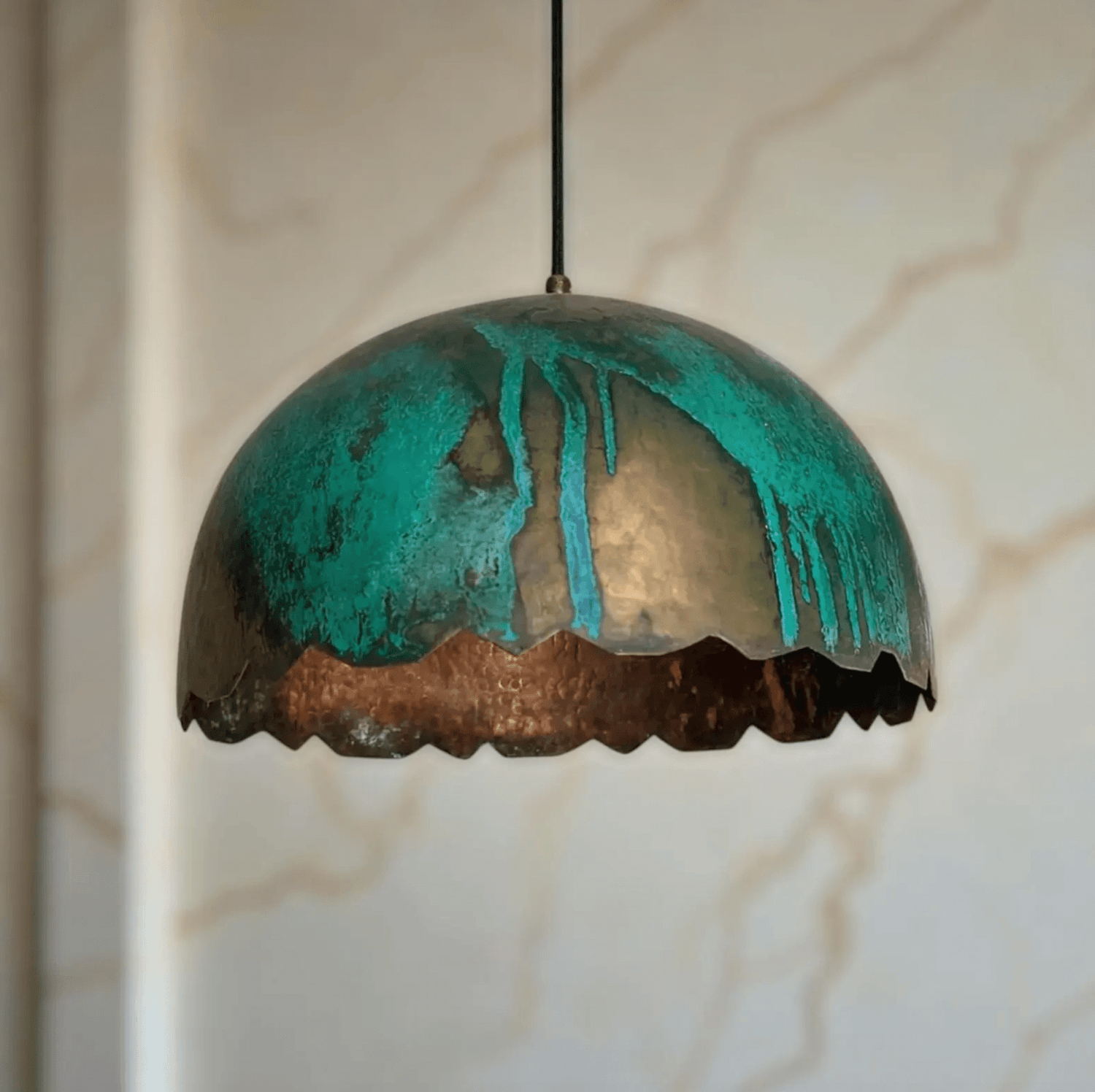 Green Patina Scalloped Copper Dome Pendant Light
