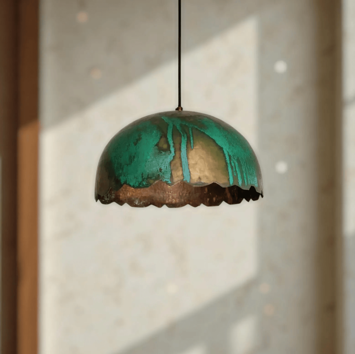 Green Patina Scalloped Copper Dome Pendant Light