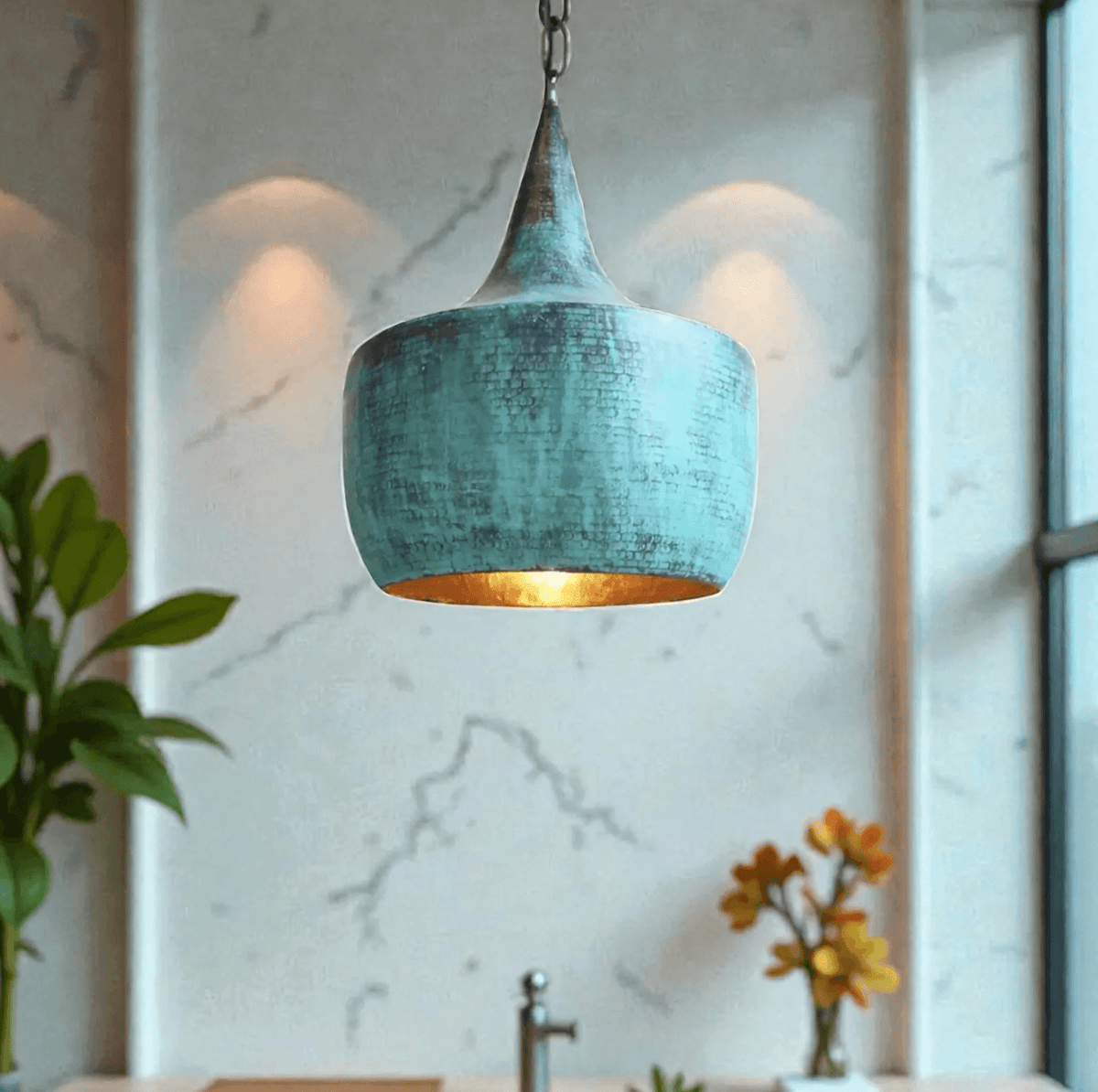 Green Patina Copper Cone Pendant Light