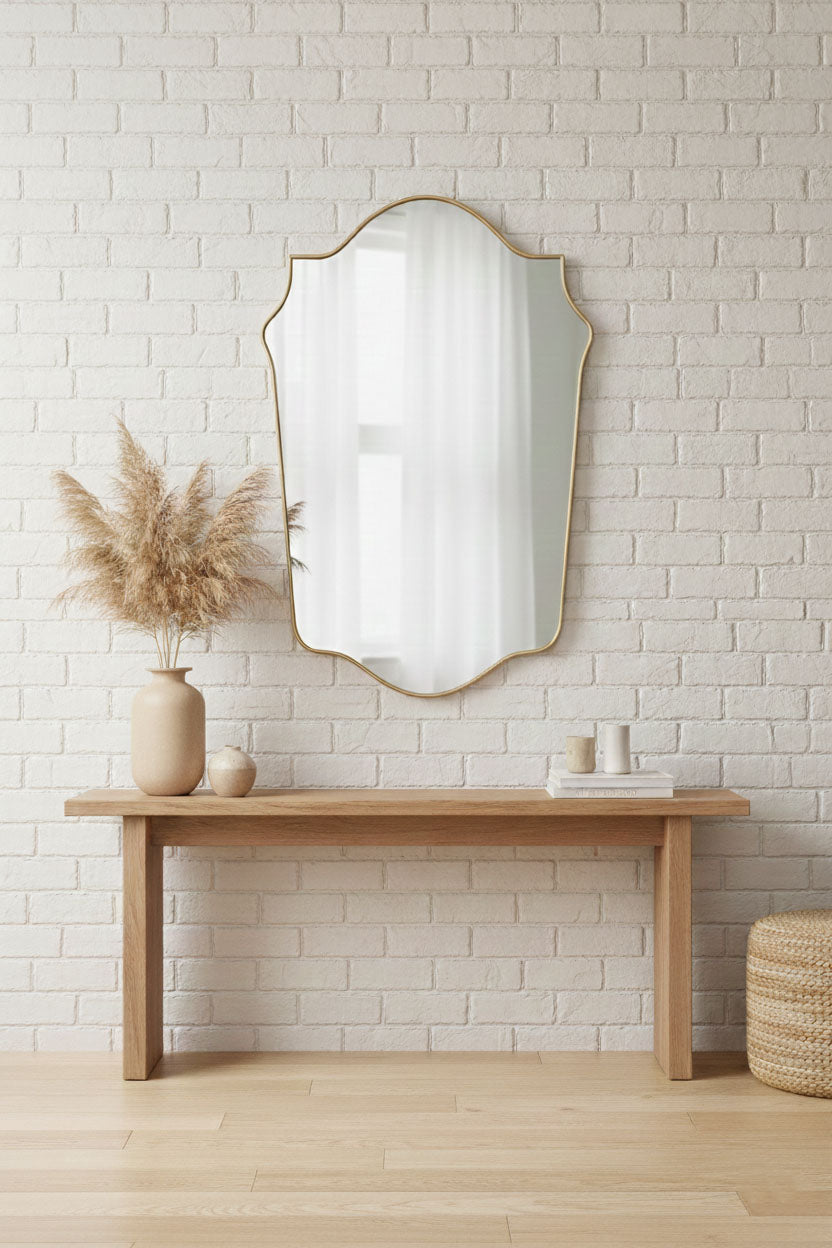Varaudu Shield Vanity Mirror Handmade Brass Mirror - Antique Brass Bathroom Mirror, Vanity Wall Decor