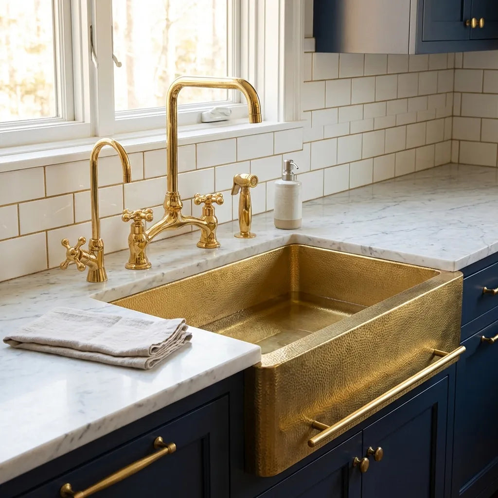 Single Bowl Hammered Front Apron Brass Kitchen Sink with Towel Bar-Bryn