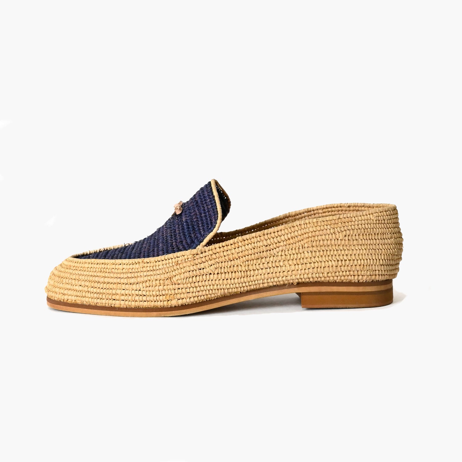 Handwoven Raffia Loafers with Navy Detail – Moroccan Summer Shoes