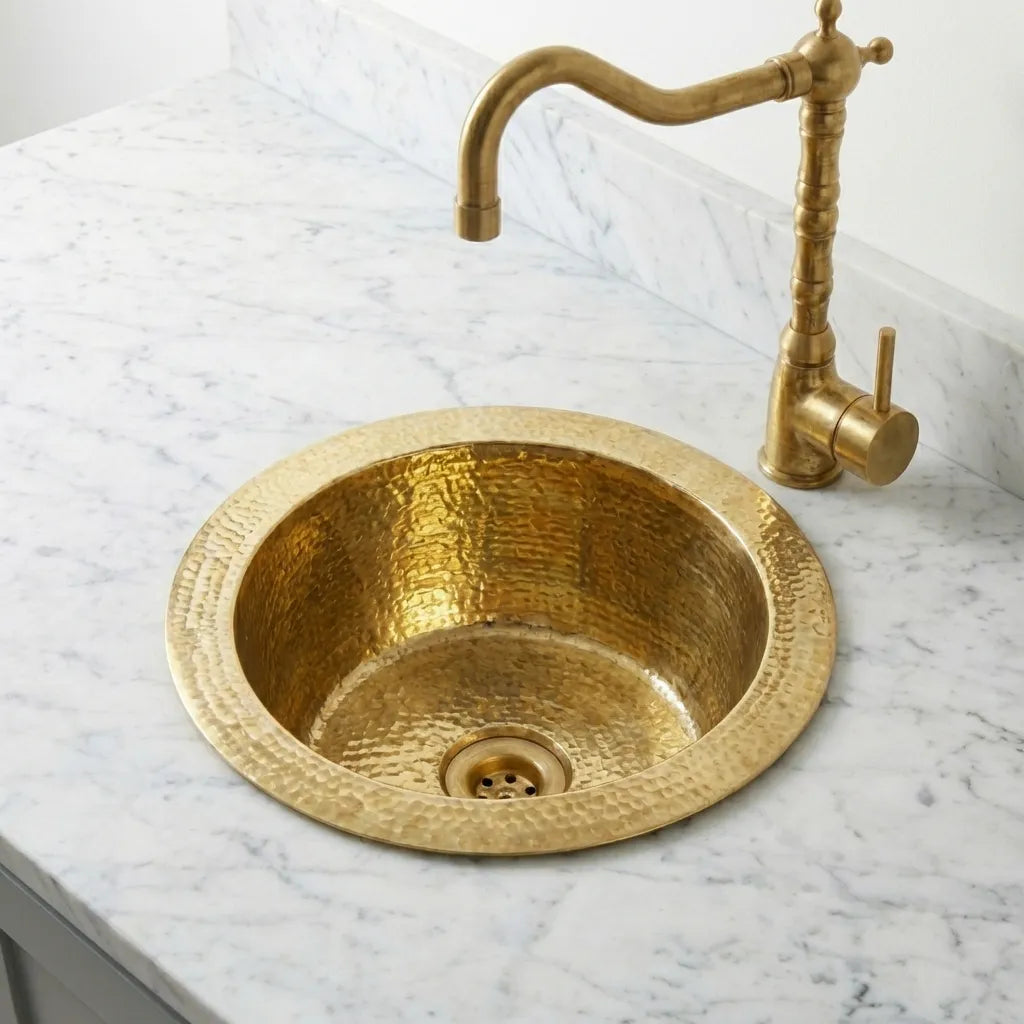 Handmade Hammered Brass Round Sink – Solid Unlacquered Brass Bar Basin