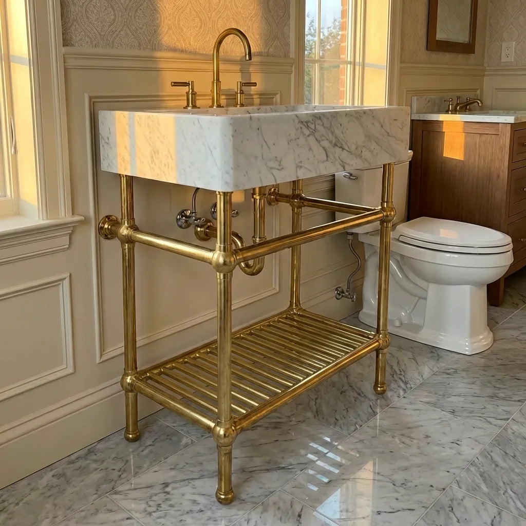 Solid Brass Console Sink Legs with Shelf – Vintage Bathroom Stand for Marble & Stone Sinks