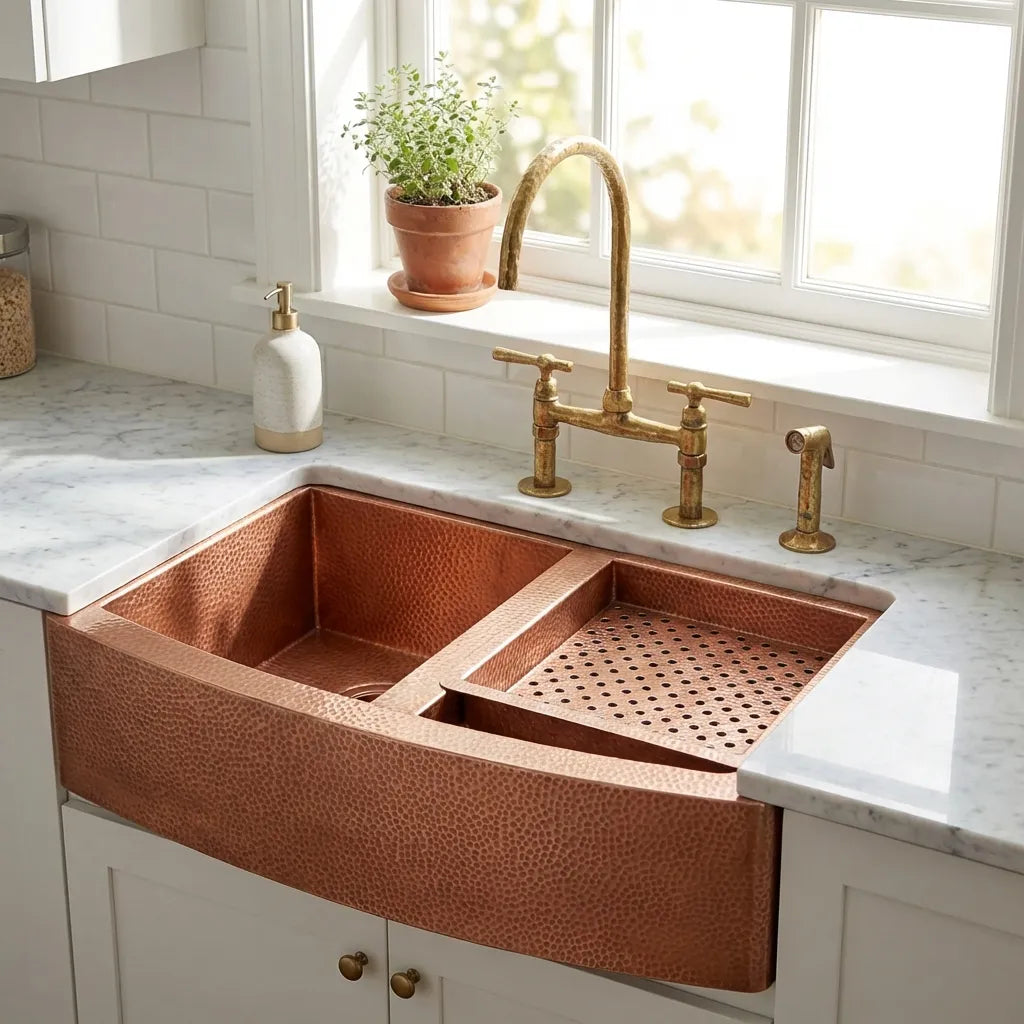 Double-Bowl Hammered Copper Farmhouse Kitchen Sink - Kova