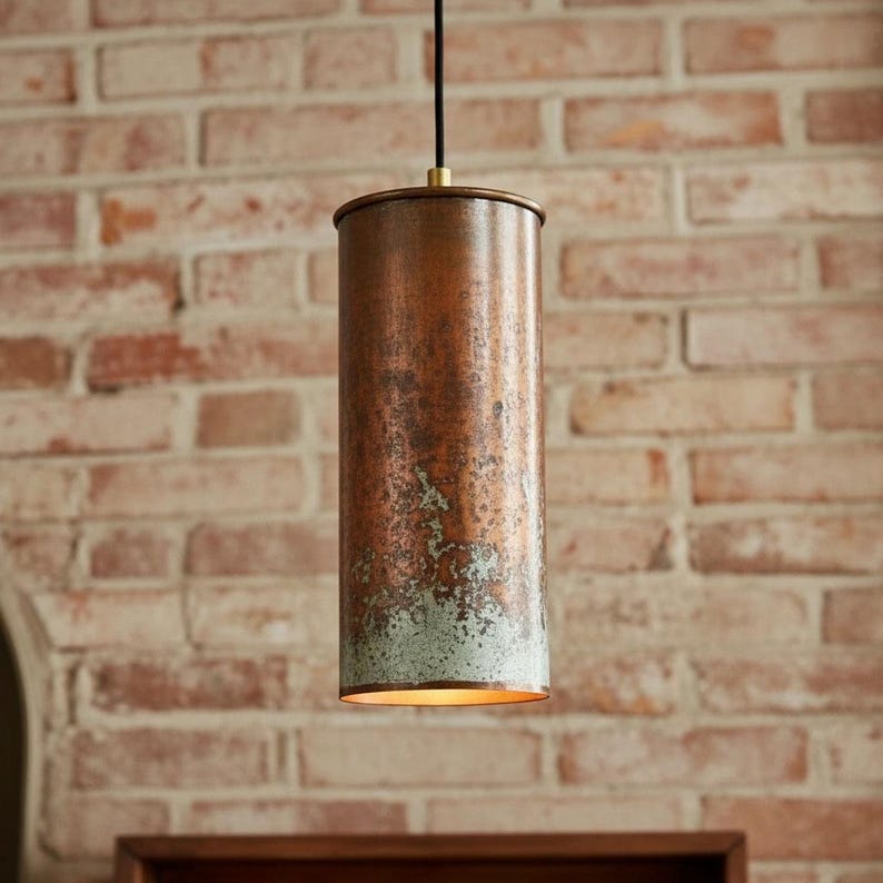 Set of 3 Aged Copper Cylinder Pendants – Handmade Patina Lights