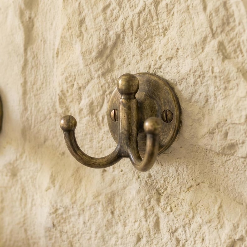 Solid Antique Brass Double Robe Hook — Handcrafted Bathroom Wall Hook
