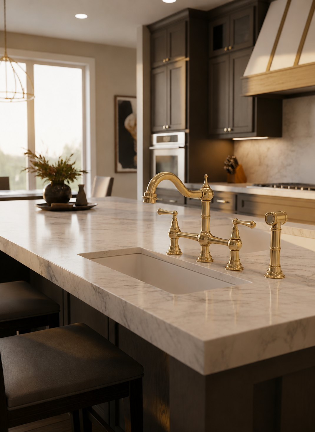 Bridge Kitchen Faucet with Side Sprayer - Solid Unlacquered Brass