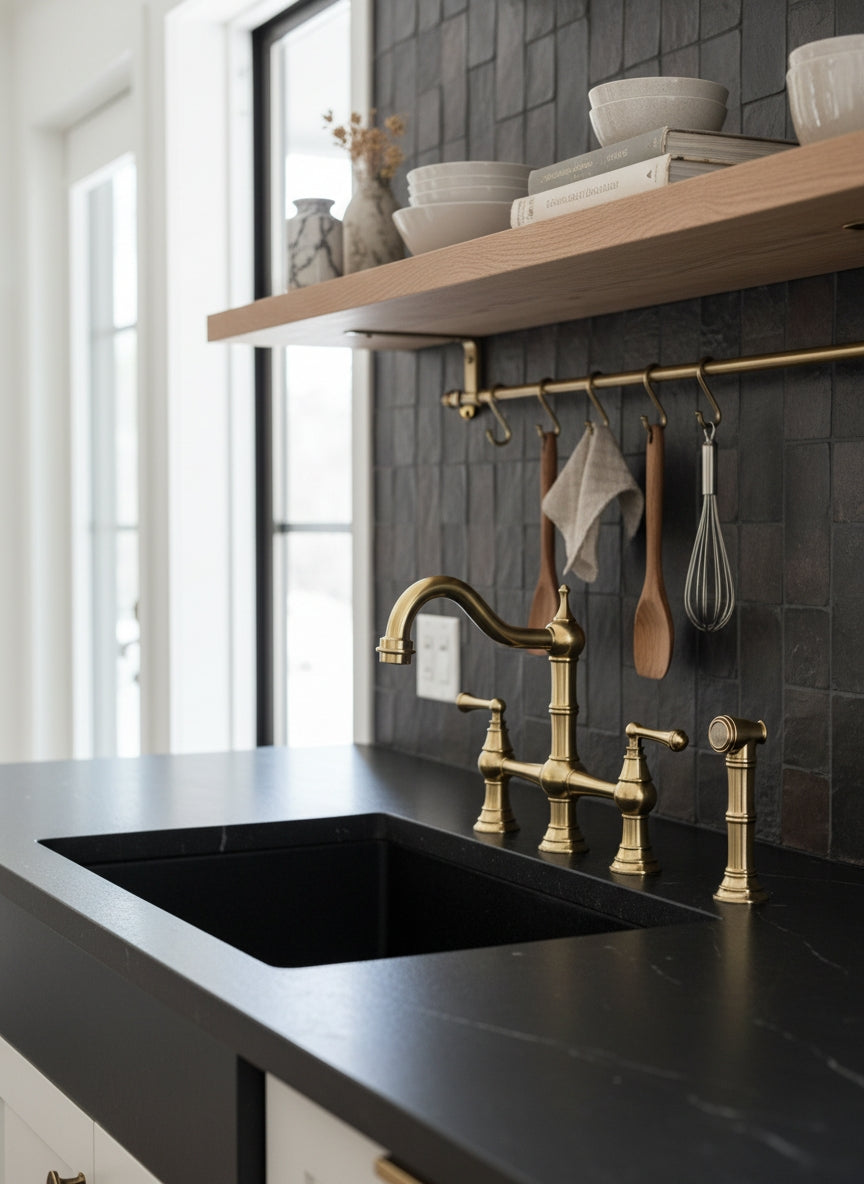 Bridge Kitchen Faucet with Side Sprayer - Solid Unlacquered Brass